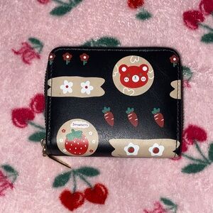 Cute Black Wallet with Bear and Strawberry Design